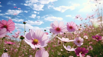 A field of cosmos flowers, their delicate petals swaying in the wind, resembling a celestial dance of nature.