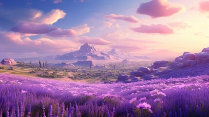 A field of lavender in full bloom, the scent and color creating a serene landscape that soothes the...