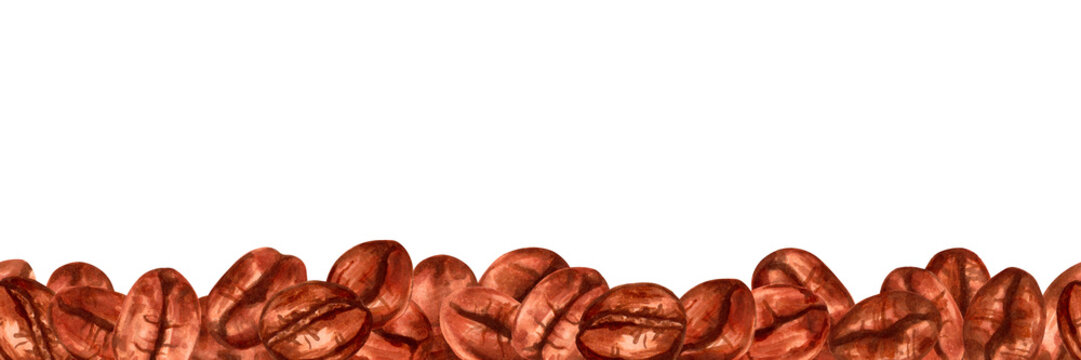 Seamless border of coffee beans. Aromatic varieties of Robusta and Arabica. Coffee day. Marker illustration in watercolor style.Organic illustration for cafe, restaurant menu. Hand drawn isolated art.