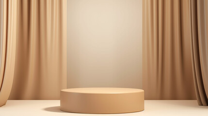 Abstract realistic Beige and Cream 3D cylinder pedestal podium with vertical curtain backdrop. Luxury brown minimal scene for cosmetic product display presentation. Made with generative ai
