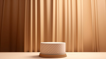 Fototapeta na wymiar Abstract realistic Beige and Cream 3D cylinder pedestal podium with vertical curtain backdrop. Luxury brown minimal scene for cosmetic product display presentation. Made with generative ai