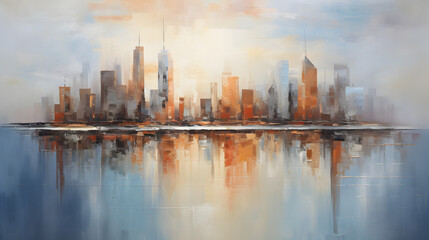 Fototapeta na wymiar Skyline city view with reflections on water. Original oil painting on canvas texture. Generative Ai.