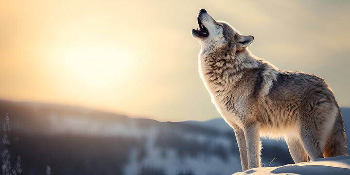 A wolf walking in the snow with the sun behind it, Christmas Wolf, Howling Wolf Sunset, Prone Howling, A wolf poised atop a snowy ridge, Brown Wolf Howling In The Dark Wolf Howling, generative Ai
