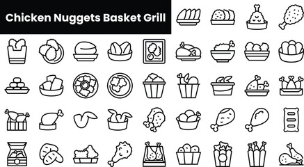 Set of outline chicken nuggets basket grill icons - obrazy, fototapety, plakaty