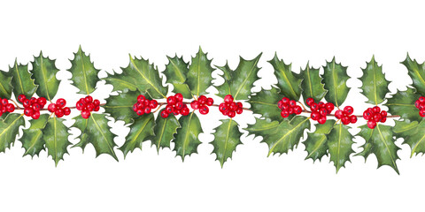 Christmas seamless horizontal border, frame of holly branches with red berries. Decor for the winter holidays New Year, Christmas. Watercolor and marker Christmas holiday design.Handmade isolated art.