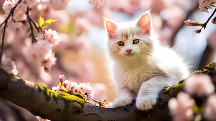Naklejka na ściany i meble Kitten sitting on the branch of blooming cherry tree. Spring season background with animal and cherry blossom.
