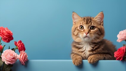 Cute banner with a cat on solid blue background with flowers. Generative AI