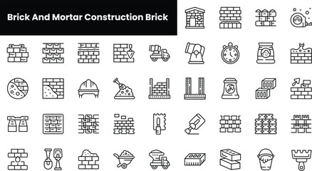 Set of outline brick and mortar construction brick icons