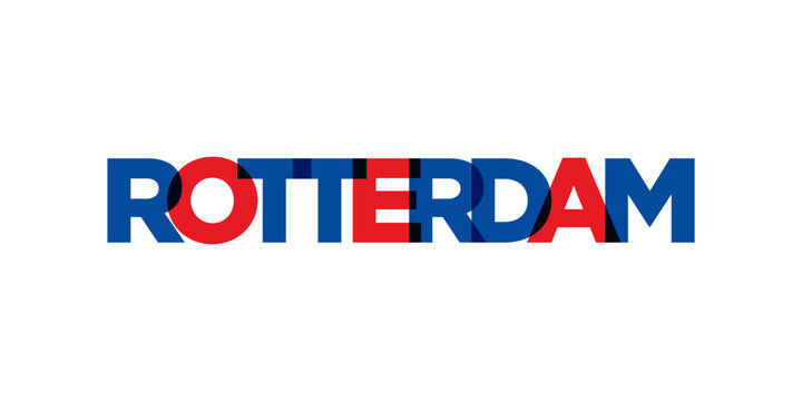 Rotterdam in the Netherlands emblem. The design features a geometric style, vector illustration with bold typography in a modern font. The graphic slogan lettering.
