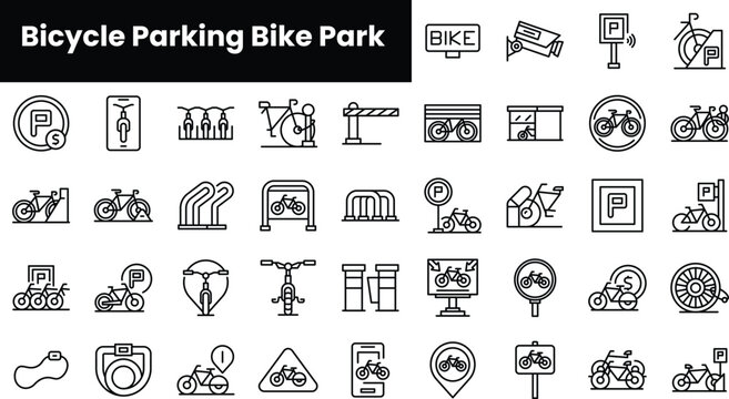 Set of outline bicycle parking bike park icons