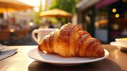 Fresh croissant and cup of coffee on the table in a cafe