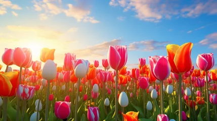 Foto auf Glas A field of vibrant tulips in full bloom, each flower standing tall in a riot of colors, a living testament to the beauty of spring. © rehman