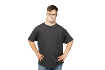 PNG, a boy with down syndrome in a black t-shirt posing for the camera, isolated on a white background