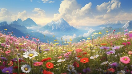 A field of vibrant wildflowers at the height of spring, a breathtaking tapestry of color,...