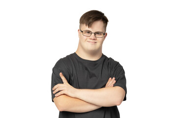 PNG, a boy with down syndrome in a black t-shirt posing for the camera, isolated on a white background - Powered by Adobe