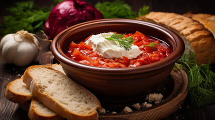Traditional ukrainian cuisine. Bowl with tasty red borscht soup. - obrazy, fototapety, plakaty