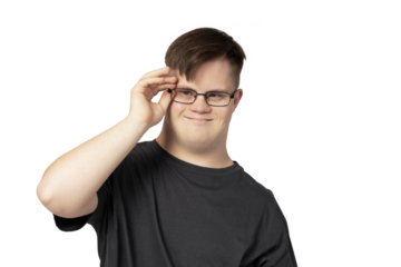 PNG, a boy with down syndrome in a black t-shirt posing for the camera, isolated on a white background