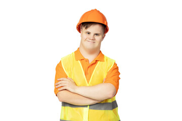 PNG, boy with down syndrome in work uniform with hard hat on his head, isolated on white background