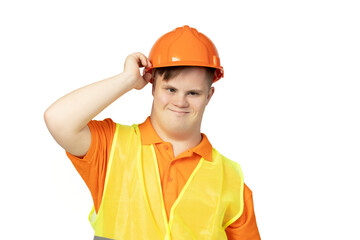 PNG, boy with down syndrome in work uniform with hard hat on his head, isolated on white background