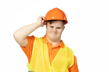 PNG, boy with down syndrome in work uniform with hard hat on his head, isolated on white background