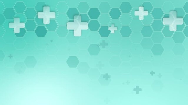 Soft green background on a medical theme. Screensaver with animated crosses and a hexagonal grid. Copy space. Looped motion graphics.