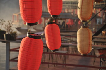 Chinese red paper lanterns. It was decorated the mall somewhere in Bangkok during Chinese New Year.