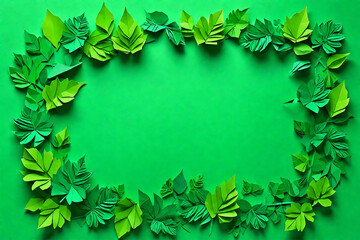 Origami paper cut style green leaves background. View from above