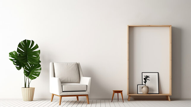 minimalist interior with white wall furniture in the living room to bookshelves and chairs with empty thin wooden photo frames and monstera plants created with Generative AI Technology