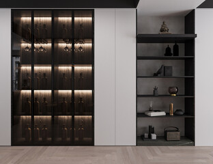 Some drinks and glasses are displayed into the bar, some expensive accessories into the wall unit, and 3D rendering