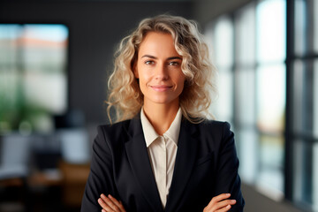Fototapeta premium Portrait of a smiling professional woman in a suit in her office. Business woman standing in an office, clear light through the window