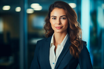 Naklejka premium Portrait of a smiling professional woman in a suit in her office. Business woman standing in an office, clear light through the window