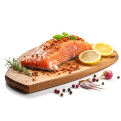 Salmon Slice on Wooden Board w Spices