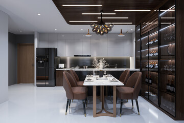 A well-furnished decor with luxurious furniture in the dining cum kitchen, 3D rendering