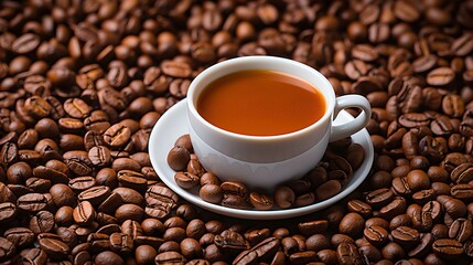 Fototapeta premium Steaming Cup of Coffee on a Saucer Surrounded by Roasted Beans: The Essence of Aroma