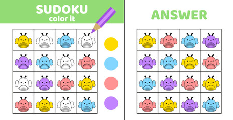 Sudoku. Butterfly. Coloring sudoku with cute butterflies Squishmallow Cartoon