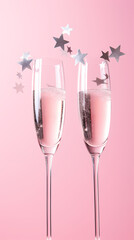 Champagne glasses bouncing silver stars on pink background stock photo	