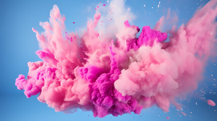 Fototapeta na wymiar A large colorful powder is falling out of the cloud and exploding on a pink surface