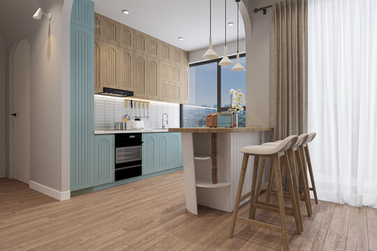 Scandinavian-style kitchen interior with pop color, wooden furniture, parquet floor, 3D rendering