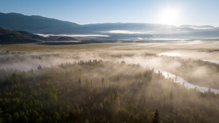 Early morning just after sunrise. Fog in the valley of the Chuya River. Coniferous forest in the fog. Kurai steppe. Summer landscape in Altai mountains, Siberia, Russia.