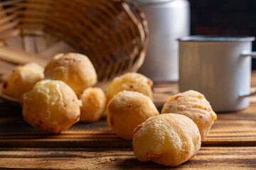 Cheese bread, delicious cheese breads from Brazil on rustic wood, selective focus.