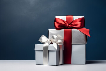 Obraz premium Two Festively Wrapped Gift Boxes With a Vibrant Red Bow