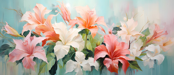 White and pink lilies on a turquoise background. Spring flowers. Banners for backgrounds, print, wallpapers, greeting cards and posters.