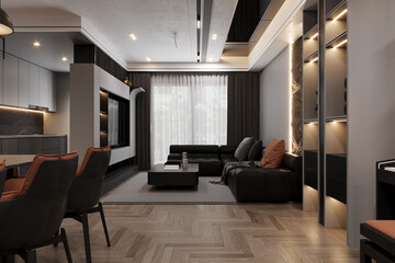 Panorama of the modern living room attached with open kitchen, 3D rendering