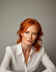 Obraz premium Portrait of redhead mature woman model. Ginger adult female. Perfect skin with freckles. Advertising. Studio shot for advert, ads. Fashion, makeup, skincare, jewelery. Web resource in plain background