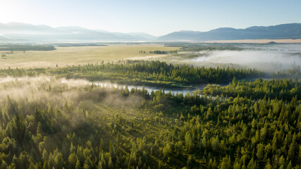 Fototapeta premium Early morning landscape. Foggy river. River valley in the morning fog at sunrise. View from above. Rays of the sun breaking through the fog in over the trees