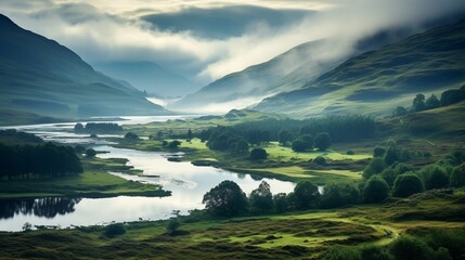 misty morning in the scottish highlands, with rugged hills partially veiled in fog, copy space, 16:9 - obrazy, fototapety, plakaty