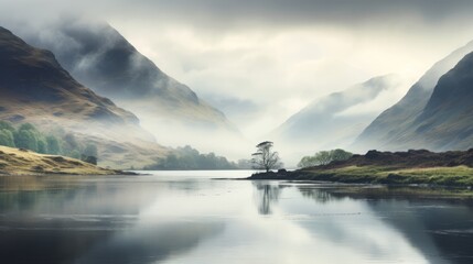 misty morning in the scottish highlands, with rugged hills partially veiled in fog, copy space, 16:9 - obrazy, fototapety, plakaty