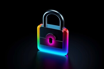 Abstract colorful neon padlock on black background
