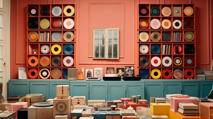 vinyl records in many different colours, wall, 16:9