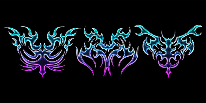 3d chrome metal of y2k. 3d rendering illustration of abstract neo tribal cyber sigil metallic melted modern.Gothic abstract patterns for streetwear, typography, t-shirt. 3D element Illustration.
